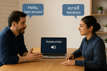image of two people talking with a laptop translating for them